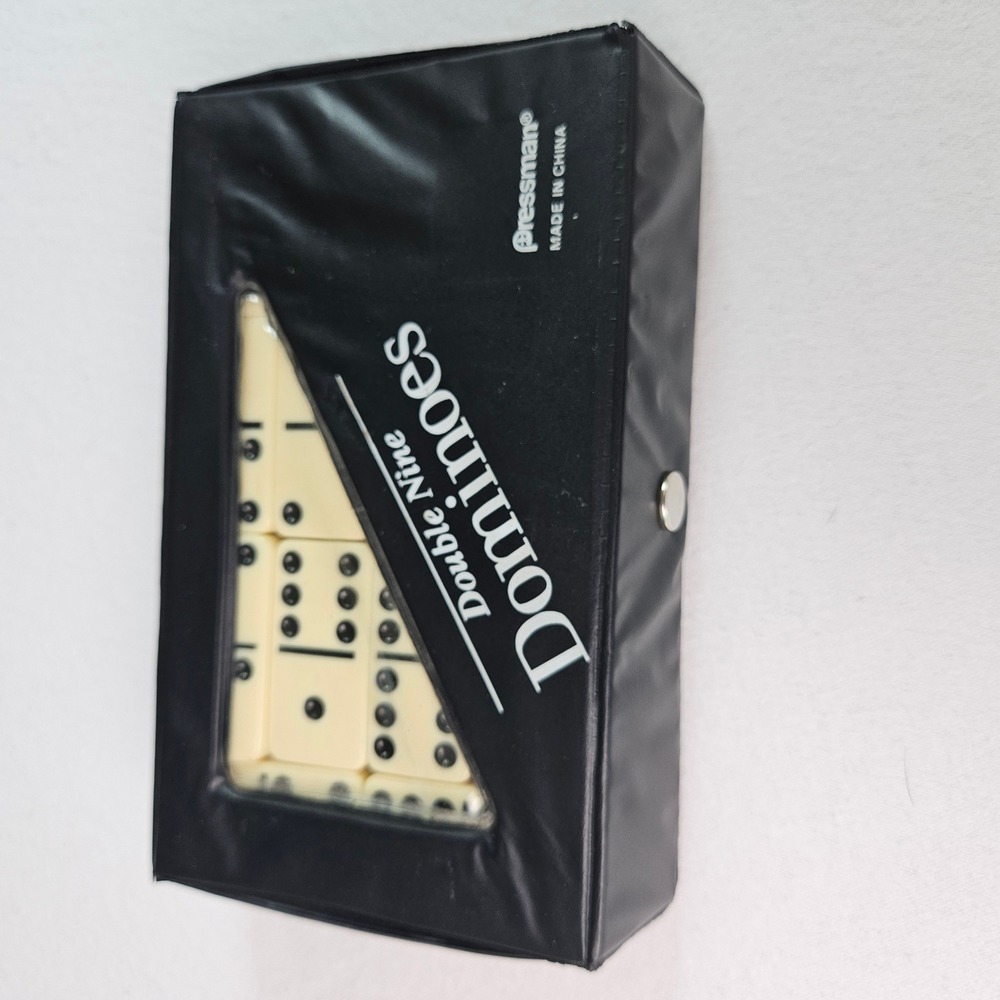 Pressman Double Nine Dominoes Set Vintage 90s Y2K Black Vinyl Travel Case Worn
